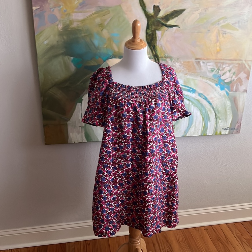 J. Crew Afternoon Linen Dress in Berry Floral Square Neck Puff Sleeve small